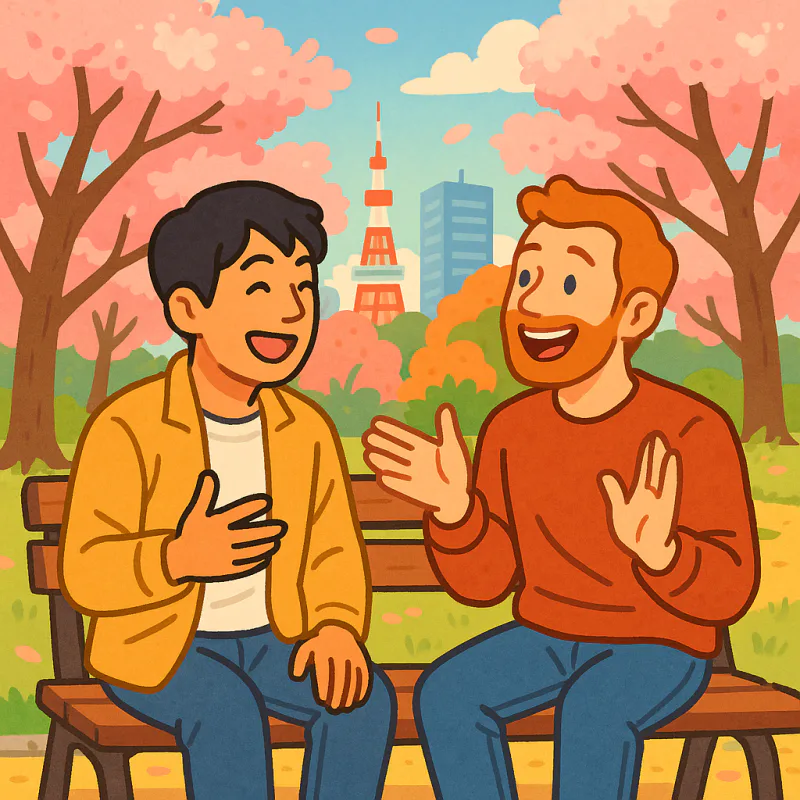 日本の街中の公園のベンチで、日本人と外国人が身振り手振りで楽しそうに会話している、桜の咲く午後のシーン
