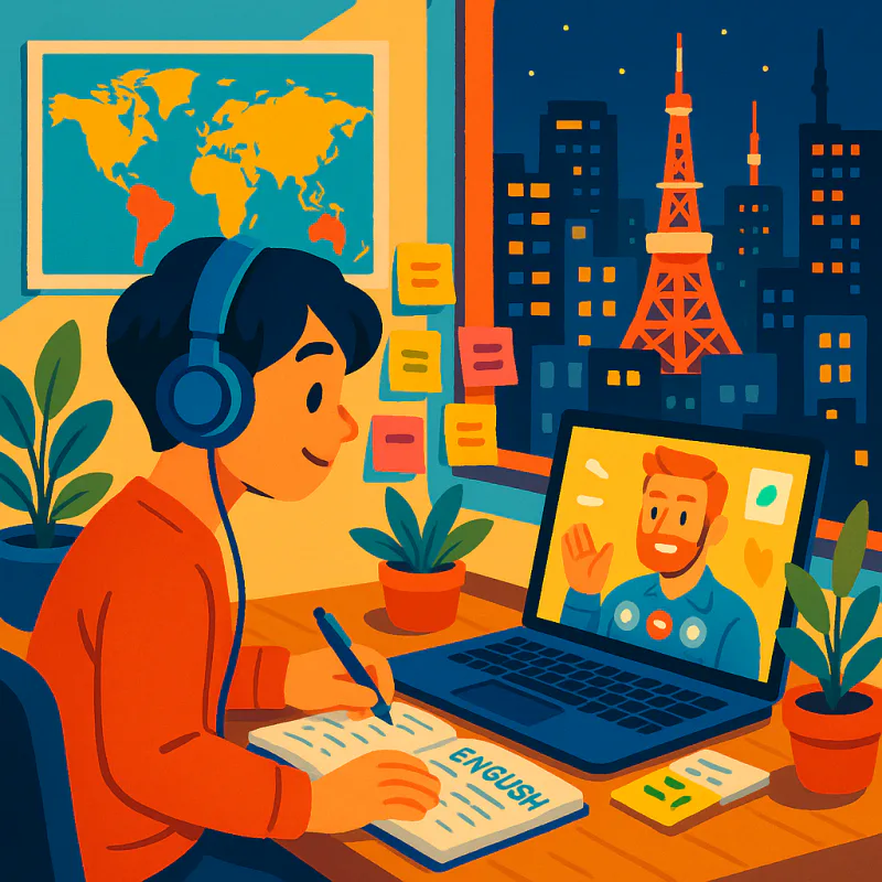 日本のアパートで英語を勉強する人。机にノートPC、ビデオ通話画面、付箋、英語の単語帳、壁に世界地図、暖かい光、モダンなイラストスタイル
