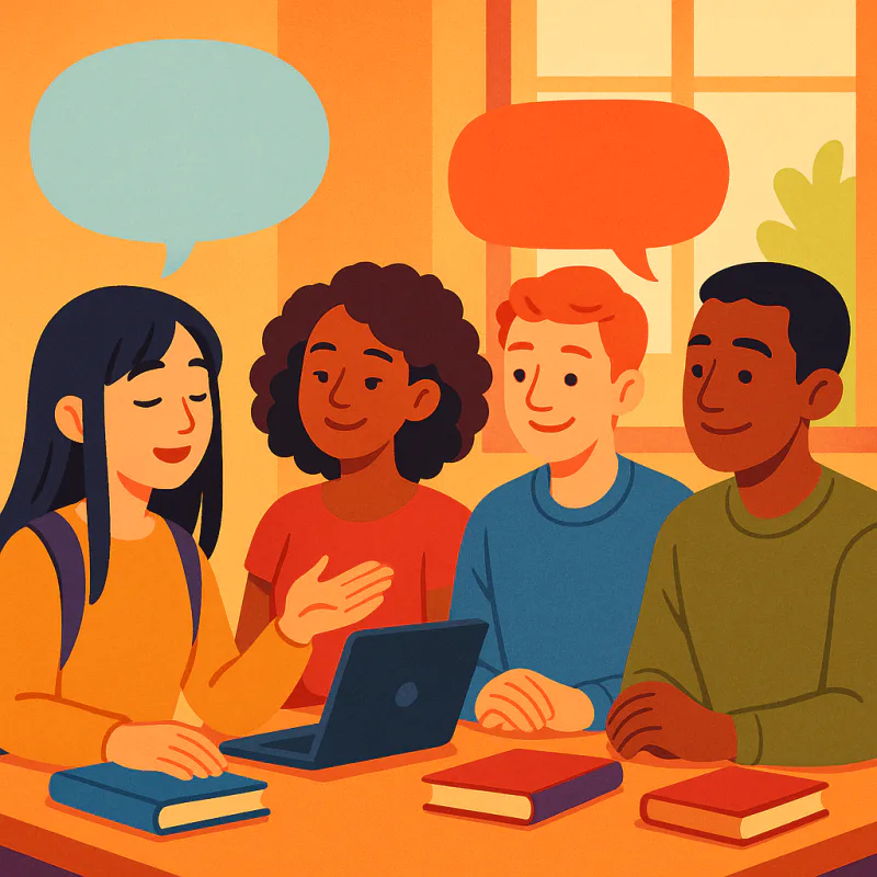 Colorful pop-art collage illustration: a multicultural university group meeting in the US, one Japanese student speaking with a faded speech bubble, other students nodding politely but engaging with a different bubble, floating icons of group dynamics, exclusion, language barriers, bright neon colors, modern graphic design style, eye-catching thumbnail, no readable text