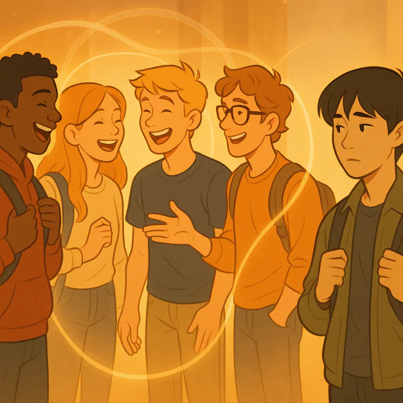 Colorful cartoon illustration: a tight inner circle of American students chatting easily, with one Japanese student standing slightly outside the circle, soft barriers visualized as gentle glowing lines, warm but melancholic mood, modern illustration style, no text