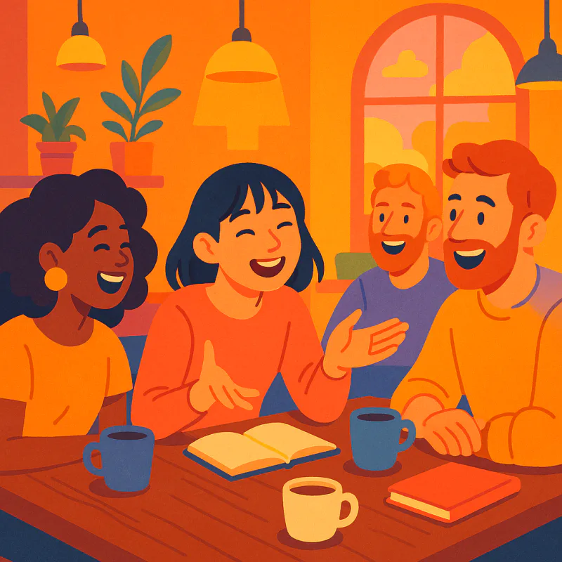 Colorful cartoon illustration: a small diverse group of friends at a cafe abroad, laughing and engaged in real conversation, one Japanese student visibly relaxed and animated, warm bright colors, friendly atmosphere, modern illustration style, no text