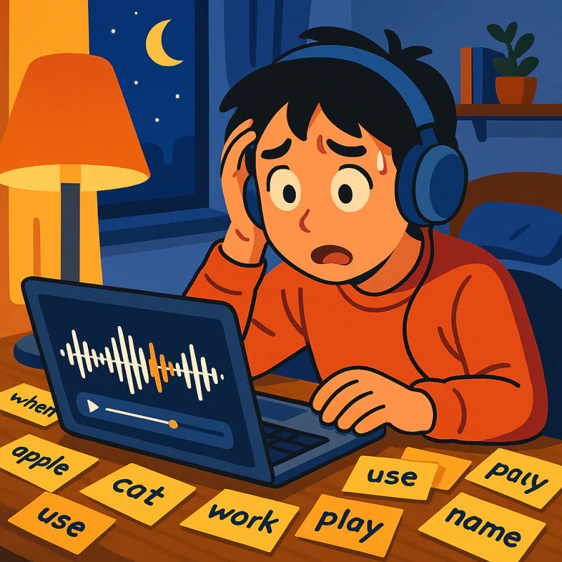 夜、デスクで開いたノートパソコンに英語の波形が表示されていて、ヘッドホンをした日本人がうつむいて困惑している、付箋に書いた英単語が机に散らばっている、暖かい電気スタンドの明かり、モダンなイラスト