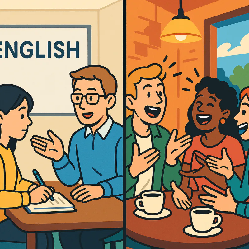 左側に静かな教室で先生が一人、ゆっくりはっきり英語で話しているシーン、右側に騒がしいカフェで外国人の友達3人がコーヒー片手に被せながら笑い合ってるシーン、対比のスプリットイラスト、カラフルでモダンなイラスト