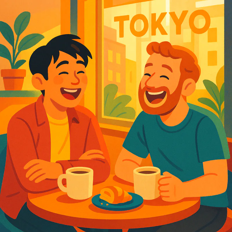 日本人の男性と外国人の友達が、東京の小さなカフェのテーブルで笑い合っている、コーヒーカップとケーキが少し残った皿、午後の柔らかい光が窓から差し込んでいる、暖かいモダンなイラスト