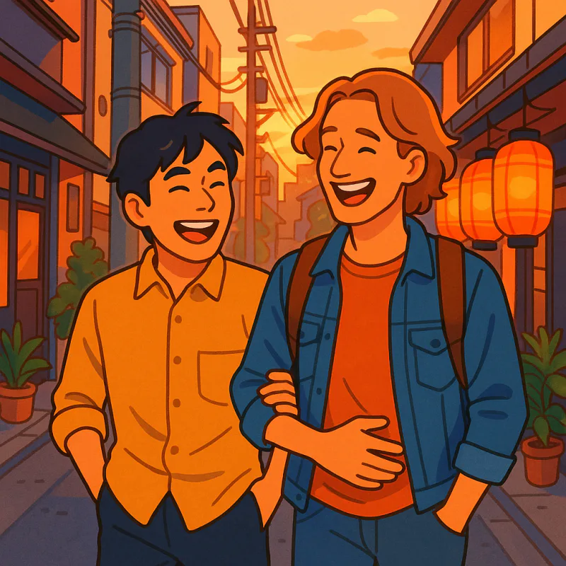 日本人と外国人の友達が、夕方の東京の路地を一緒に歩いている、カジュアルな服装、何かについて笑い合っている、夕日の柔らかい光、モダンなイラスト
