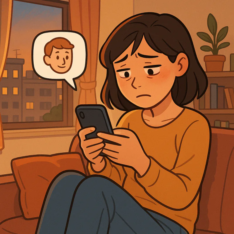 Japanese woman in her late twenties sitting on a sofa at home, looking at her smartphone screen with a complicated mixed expression of guilt and exhaustion, LINE chat bubble visible from a foreign friend saying lets hang out, soft evening lighting in a small Tokyo apartment, modern cartoon illustration style, warm muted colors