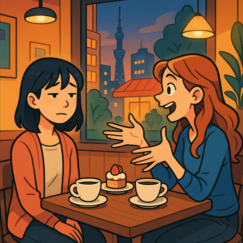 Two women sitting at a small Tokyo cafe table across from each other, a Japanese woman in her twenties on one side looking politely tired with a fixed smile while internally drained, a foreign friend on the other side speaking animatedly with hand gestures and curious expressions, coffee cups and a small dessert between them, modern cartoon illustration style, warm cafe lighting