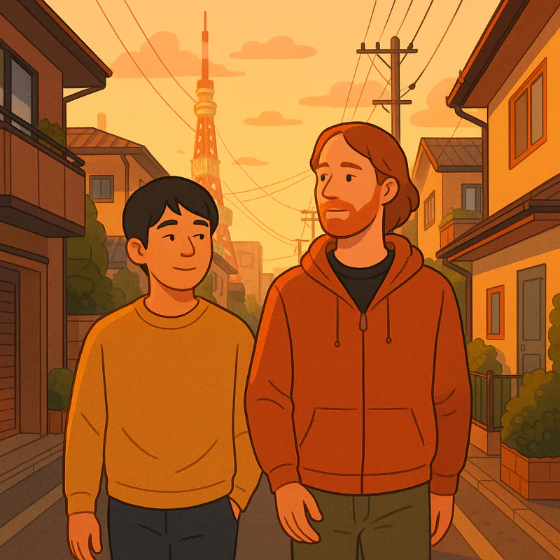 A Japanese person and a foreign friend walking side by side along a quiet residential street in Tokyo at golden hour, comfortable silence between them, no forced smiles, both just relaxed and looking ahead, soft warm sunset lighting, modern cartoon illustration style, sense of mutual understanding without needing words