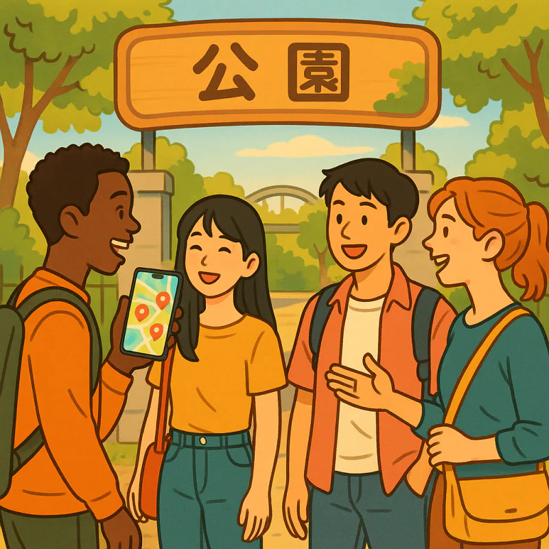 A small group of mixed Japanese and international friends meeting at a local Tokyo park entrance, casual weekend clothes, one of them showing a phone with a friendly map-based app interface, natural relaxed body language like theyre just meeting up to hang out, no forced cultural exchange vibe, modern cartoon illustration style, bright warm afternoon colors
