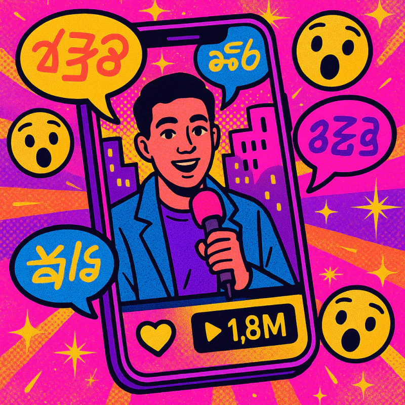 ペラペラ外国人の動画が並ぶスマホ画面の、ポップアート風コラージュイラスト。様々な言語の吹き出し、驚きの絵文字、再生回数のカウンター、派手で華やかな雰囲気、ネオンカラー、モダンなグラフィックデザイン、テキストなし