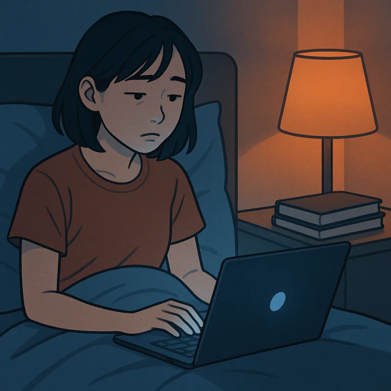 夜、ベッドの上でノートパソコンを開いてペラペラ外国人の動画をスクロールしている日本人女性のイラスト。顔に青い画面の光、机の上には閉じた英語の教科書、少し疲れたような静かな表情、モダンなイラスト風、暗すぎないけど切なめな雰囲気、青みがかった色調と暖色のデスクライト