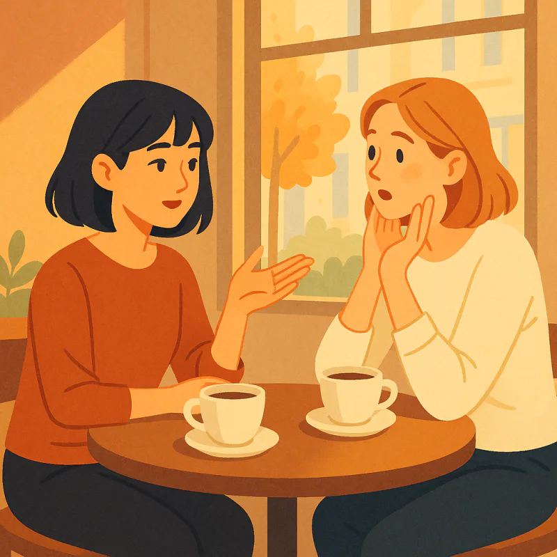 日本の若い女性と外国人の友達が、小さなカフェのテーブルを挟んで会話しているイラスト。一人が相手の話に興味津々で追加質問をしていて、もう一人は手振りを交えて何かを説明している。リラックスした、急がない雰囲気、午後の窓からの光、暖かい色合いのモダンなイラスト