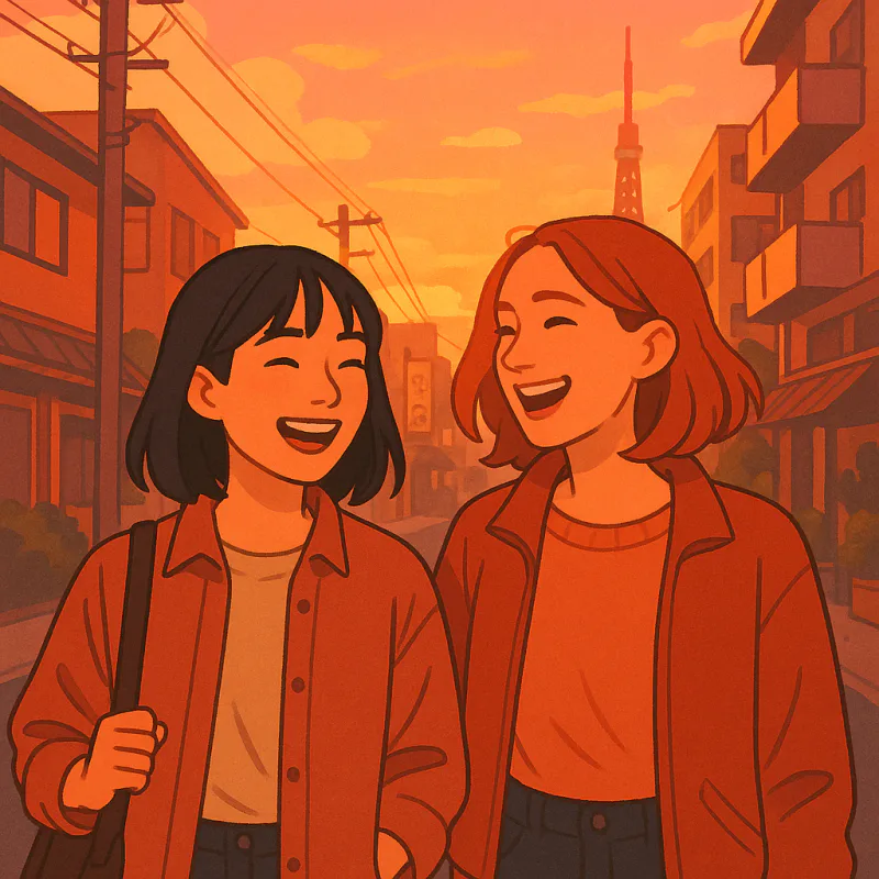 日本人の若い女性と外国人の友達が、夕暮れ時の東京の街を一緒に歩いているイラスト。会話中で、リラックスした身振り、二人とも今言ったことに笑っている。急がない、暖かいオレンジの夕日の色合い、本当の繋がりを感じさせる安心感、モダンなイラストスタイル