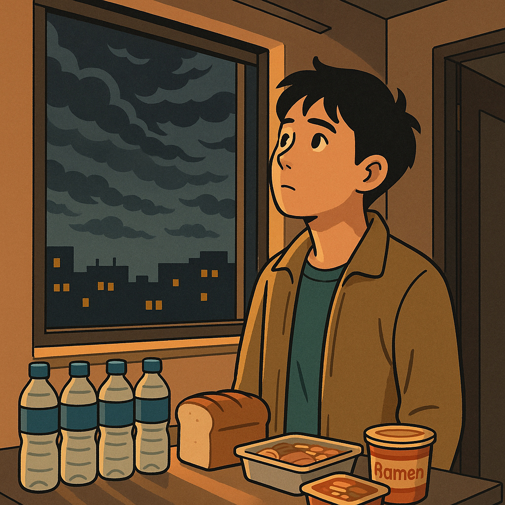 夜の小さな海外アパートの窓辺に立ち、灰色の不穏な空を見上げる若い日本人男性。背後のカウンターにはペットボトルの水やパン、レトルト食品が並んでいる。外の暗さに対して室内は暖かい光。モダンなイラスト、落ち着いた色調、文字なし
