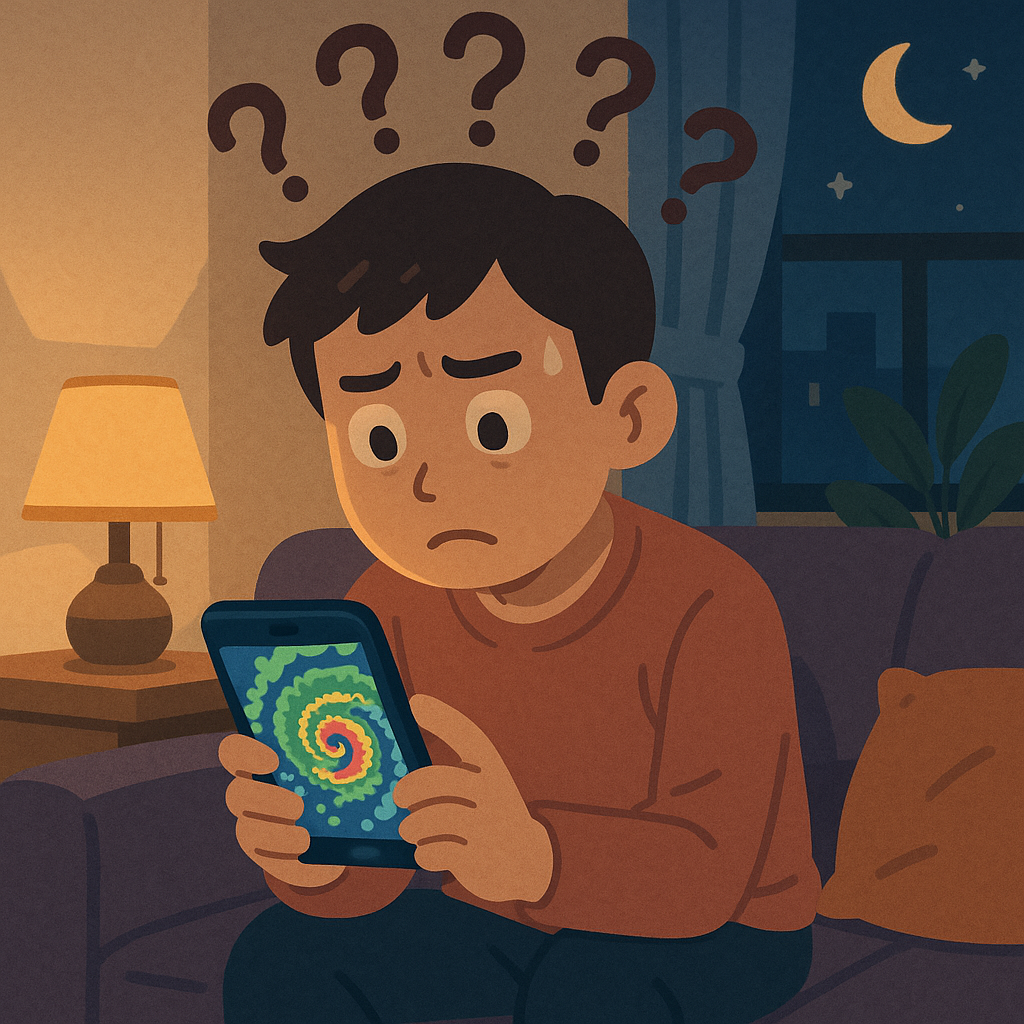 夜にソファに座り、不安そうにスマホを見つめる日本人。画面には渦巻く嵐の天気レーダー。頭の上にいくつものはてなマークが浮かんでいる。薄暗く居心地のいい部屋。モダンなイラスト、柔らかく落ち着いた色、文字なし
