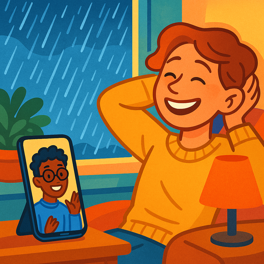 雨の日、室内でスマホを立てかけてリラックスしたビデオ通話をする2人。片方は明らかにホッとして笑っている。背後の窓には雨が筋を引いている。暖かく居心地のいい照明。モダンなイラスト、明るく親しみやすい色、文字なし