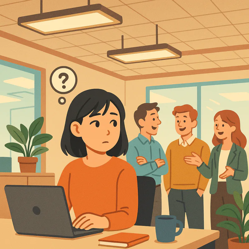 海外のオフィスで、デスクに静かに座る日本人の女性が、少し離れた場所で楽しそうに話す同僚たちを横目で見ている。女性の頭の上には小さなクエスチョンマークの吹き出し。明るいオフィスの照明、モダンなイラストレーション、落ち着いた色合い、文字なし