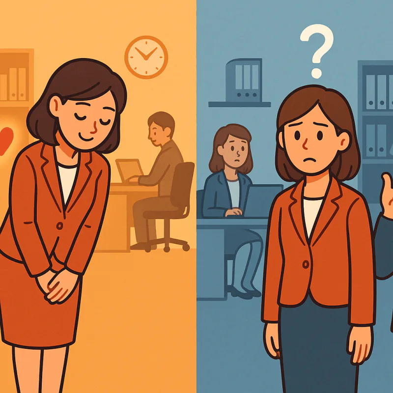 イラストの分割シーン。左側は日本のオフィスで、静かに頭を下げて気遣う女性の周りに温かいハートマーク。右側は海外のオフィスで、同じように黙っている女性の頭上にクエスチョンマークが浮かび、同僚が戸惑った表情。左右の文化の対比、モダンなイラストレーション、左は暖色、右は寒色、文字なし