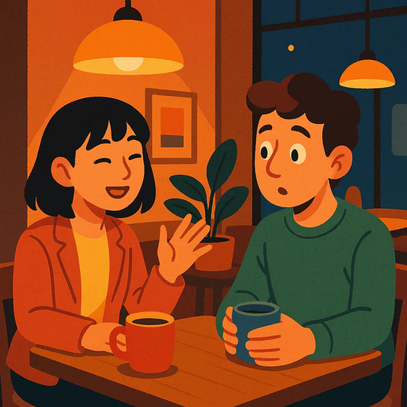 夕方のカフェで、テーブルを挟んで日本人の女性が現地の友達と話している。友達は共感しながら少し驚いた表情で聞いている。テーブルには温かい飲み物が二つ。居心地のいい照明、モダンなイラストレーション、温かく親しみやすい色合い、文字なし