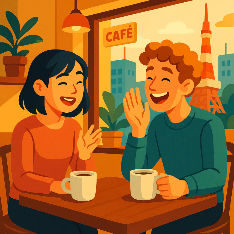 20代の2人、外国人と日本人が東京の小さなカフェで会話の真っ最中に笑い合っている、テーブルにはコーヒーカップ、暖かい午後の光、モダンなイラストスタイル