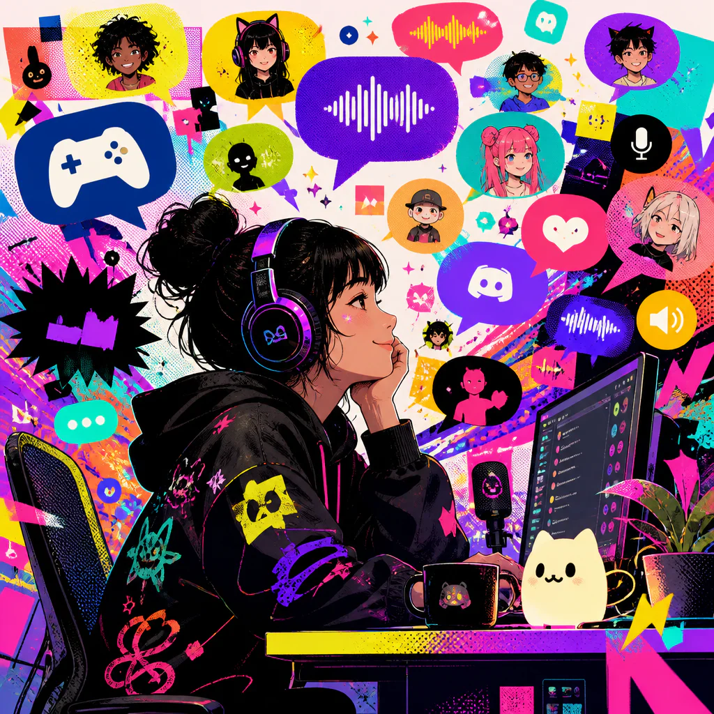 Ilustração em colagem pop art de uma pessoa jovem de fones à mesa, cercada de ícones de comunidades