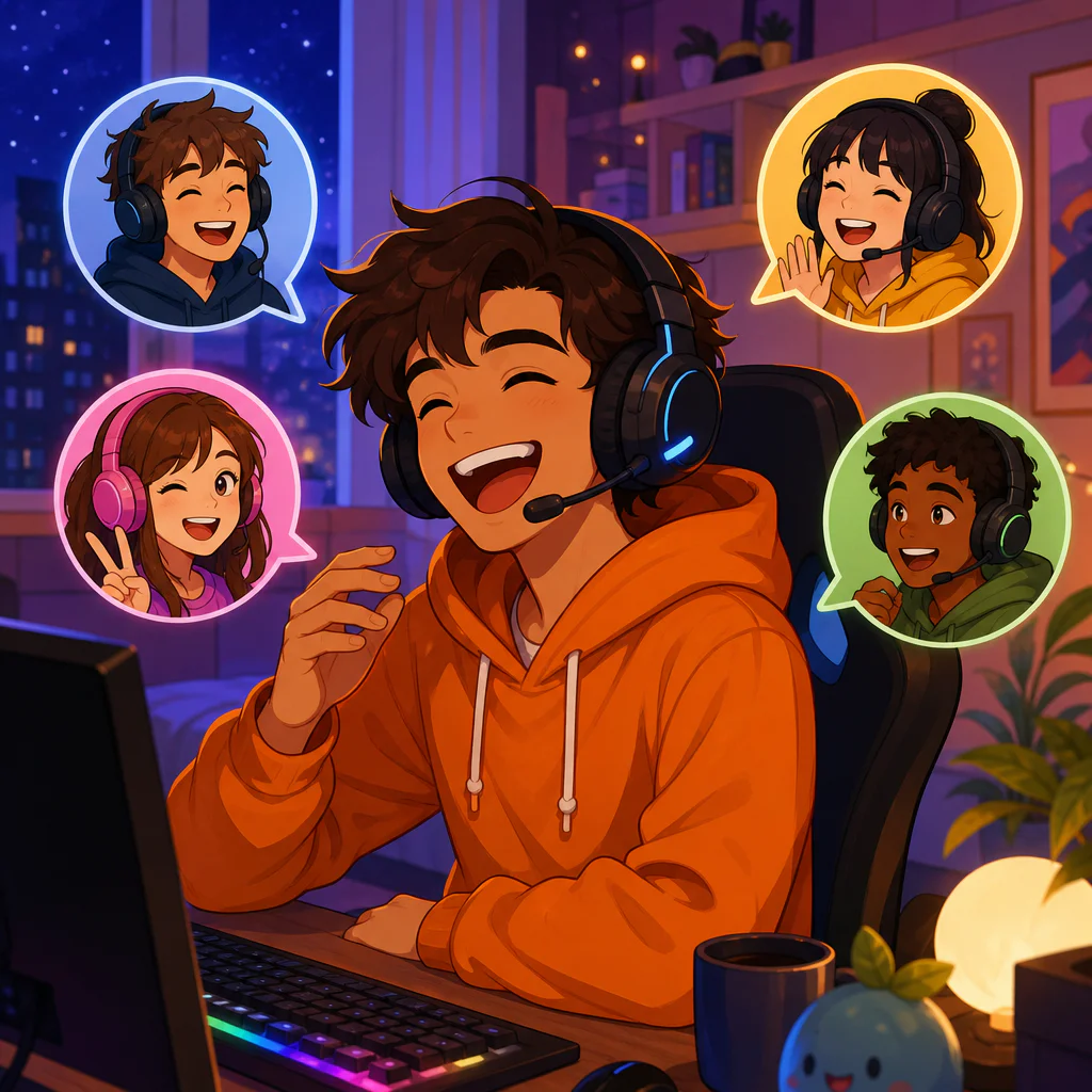 Ilustração de uma pessoa com headset de jogos sorrindo durante uma chamada de voz animada