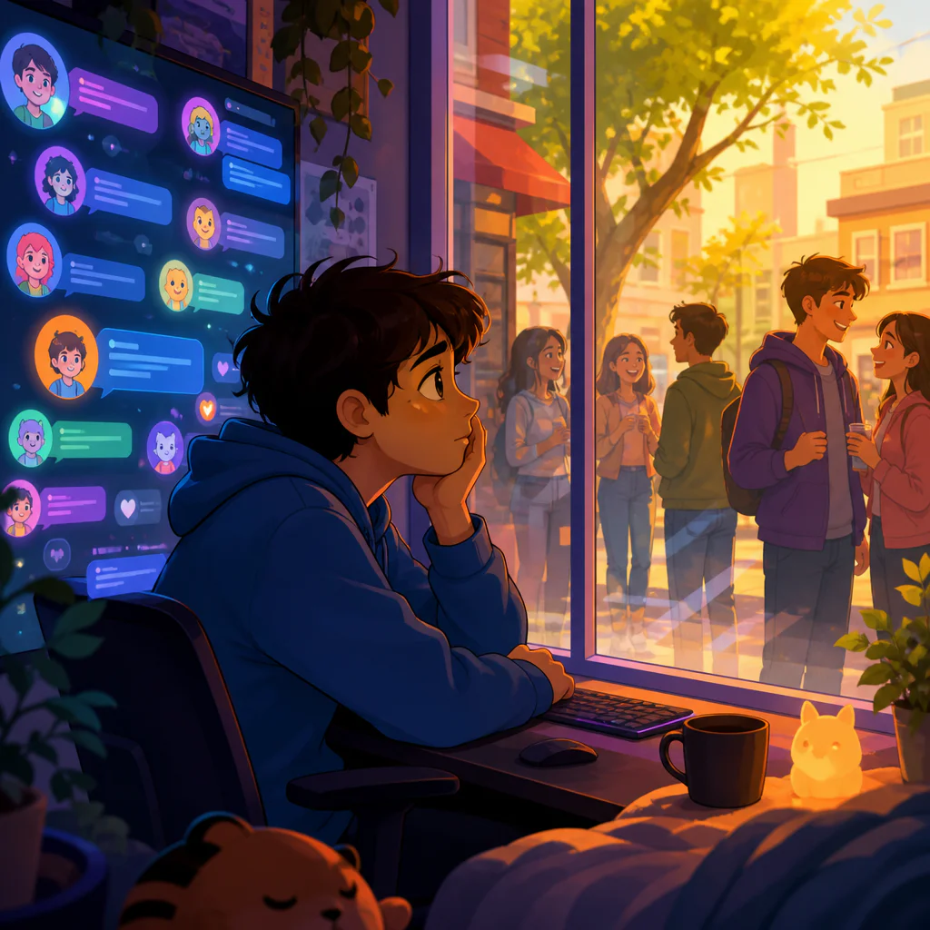 Ilustração de uma pessoa olhando nomes e balões de conversa numa tela, com uma rua iluminada do outro lado de uma parede de vidro