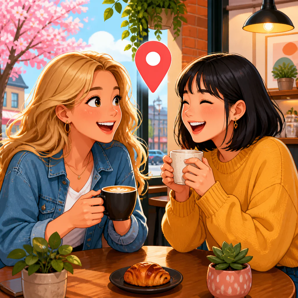 Ilustração de amigos americano e japonês sorrindo enquanto tomam café, com ícones de localização ao redor