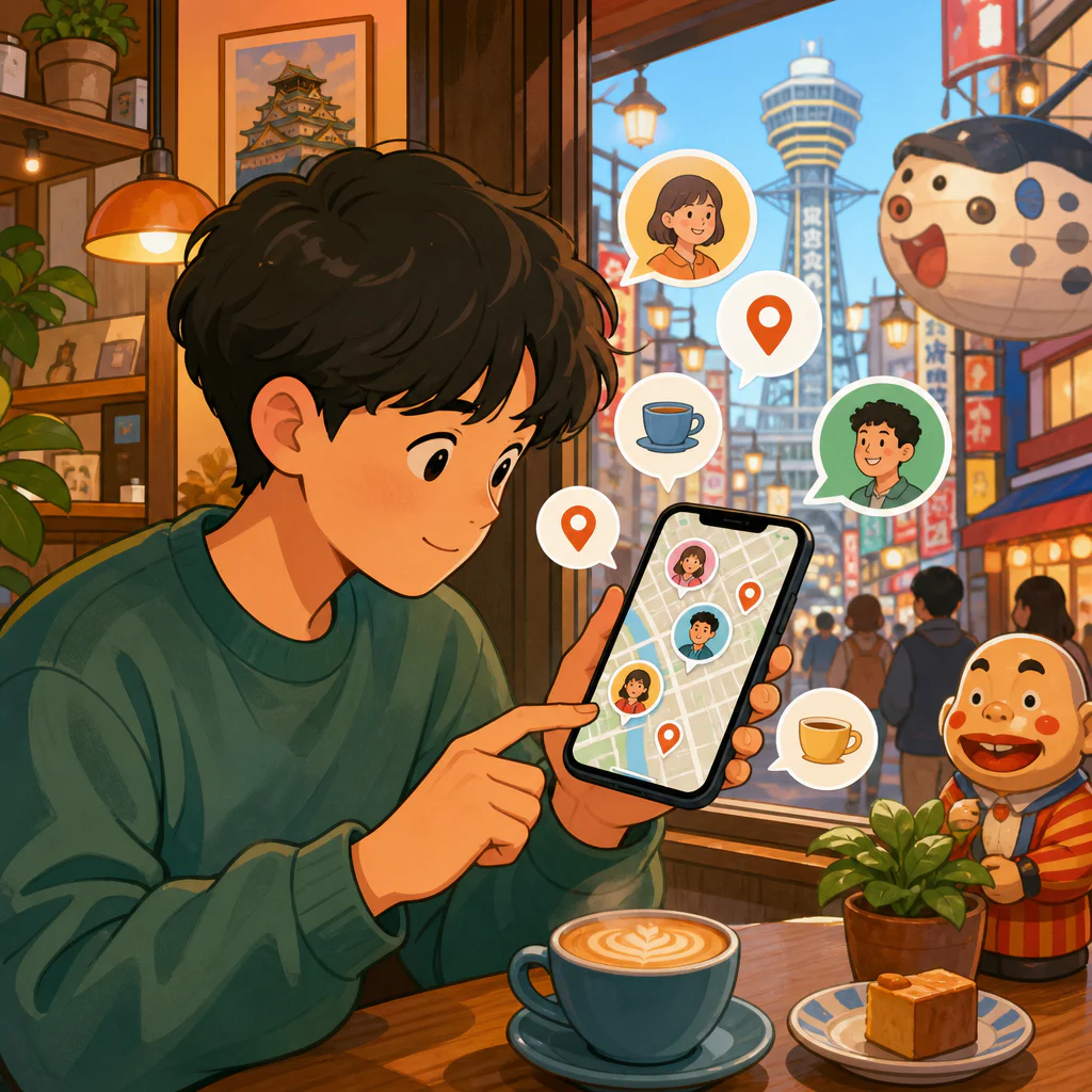Ilustração de uma pessoa num café consultando no celular um mapa de pessoas próximas