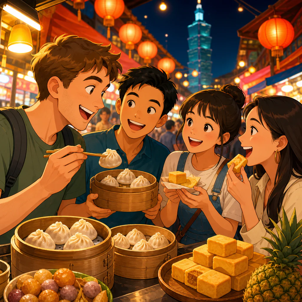 Ilustração de um estrangeiro compartilhando comida com moradores taiwaneses num mercado noturno de Taipei