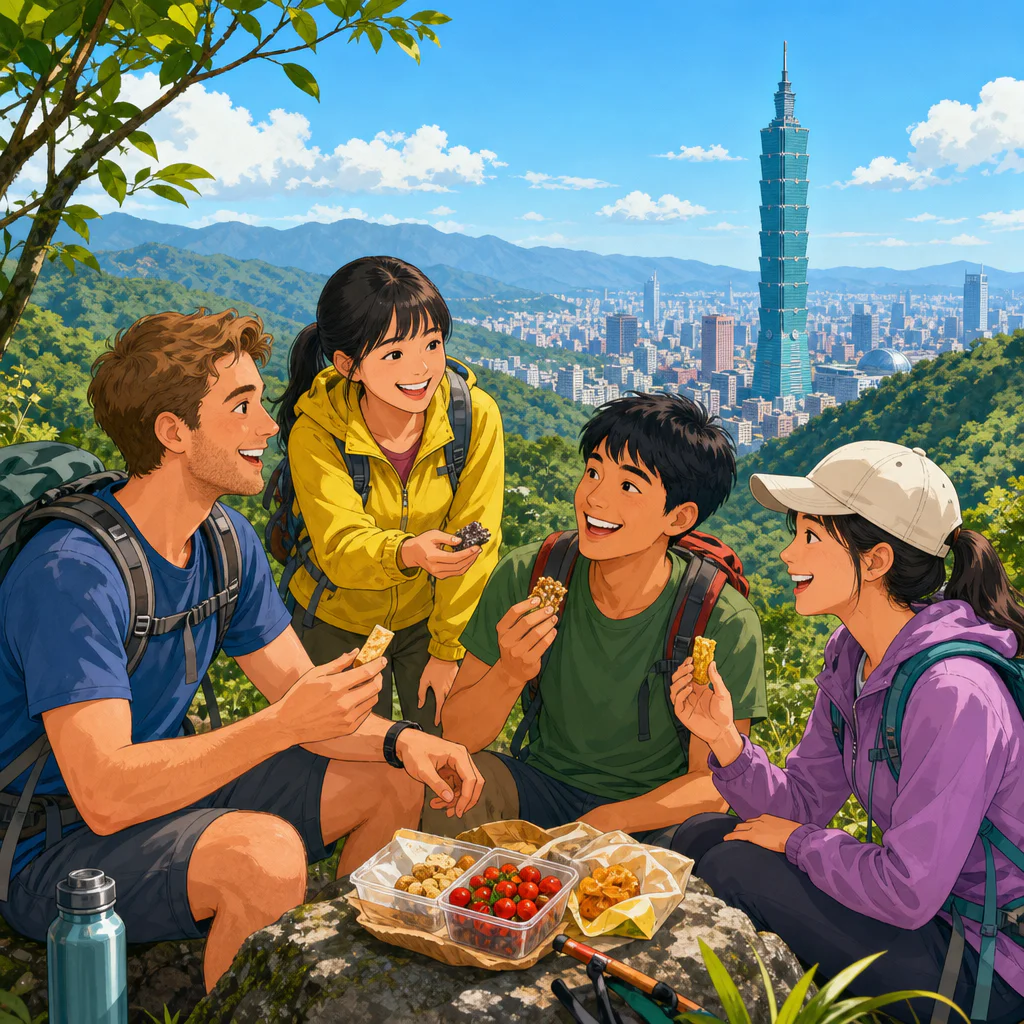 Ilustração de estrangeiros e taiwaneses caminhando juntos numa trilha perto de Taipei