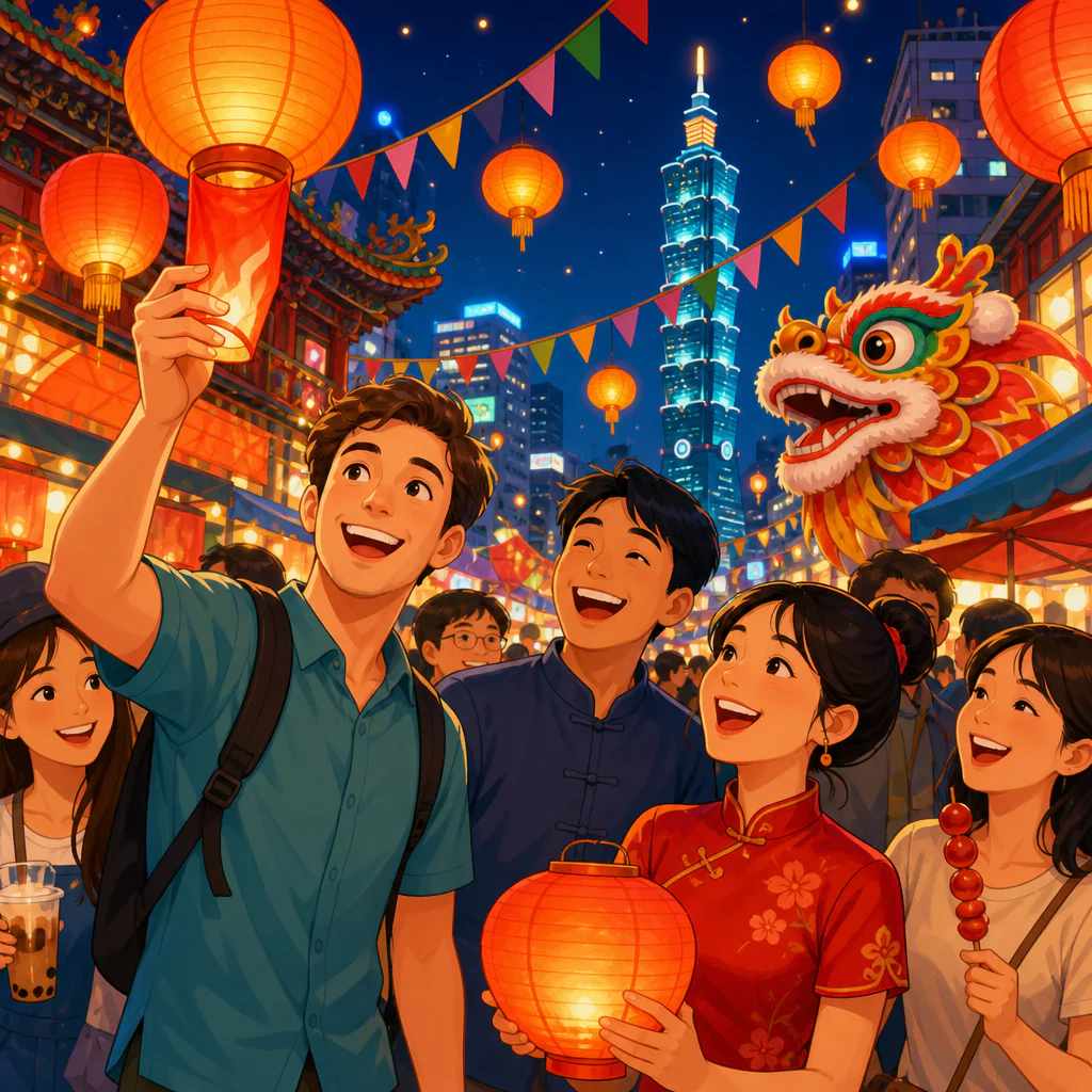 Ilustração de um estrangeiro celebrando com moradores sob lanternas num festival de Taipei