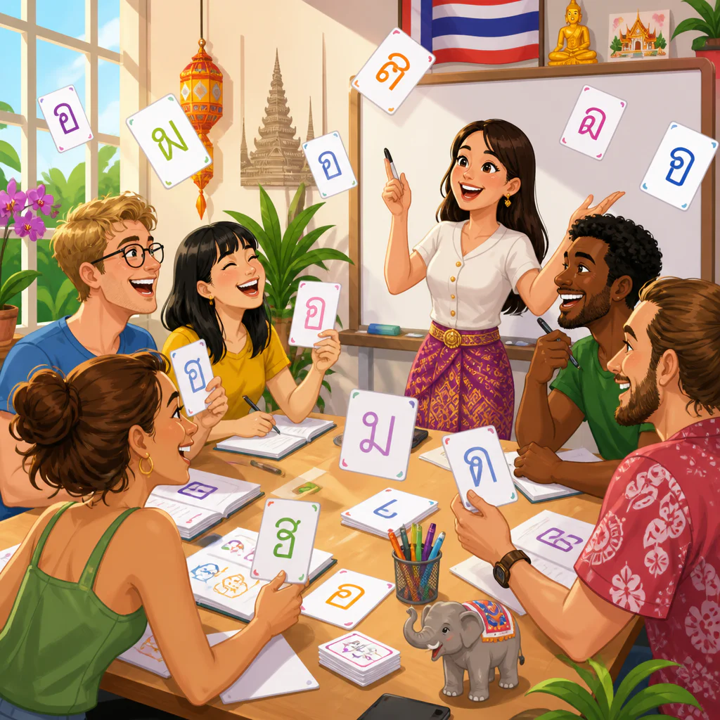 Ilustração de um grupo de estrangeiros aprendendo tailandês e sorrindo