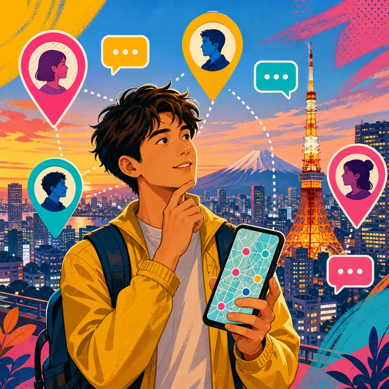 Pessoa escolhendo um app para conhecer amigos japoneses em Tóquio