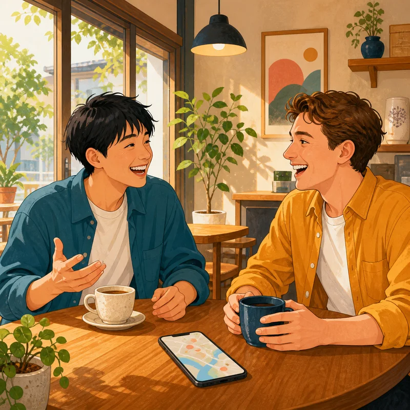 Amigos americanos e japoneses tomando café juntos